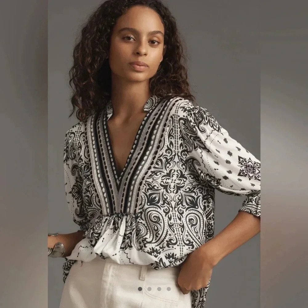 Anthropologie Black and White Patterned Blouse